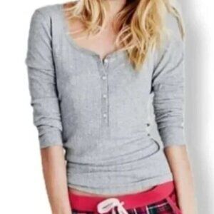 Victoria Secret Ribbed Henley Long Sleeve Top Silver Metallic Sz Lg,EUC Like New